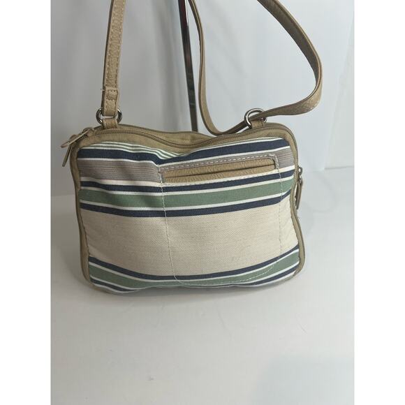 MultiSac Zippy Tan Green Blue Striped Triple Compartment Crossbody Shoulder Bag - Picture 5 of 15